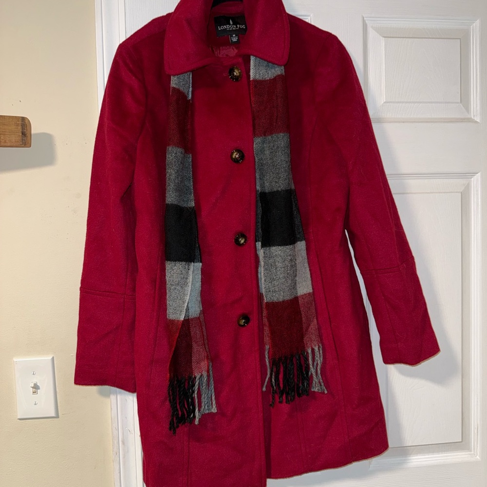 London Fog Vibrant Red Pea Coat with Checkered Scarf